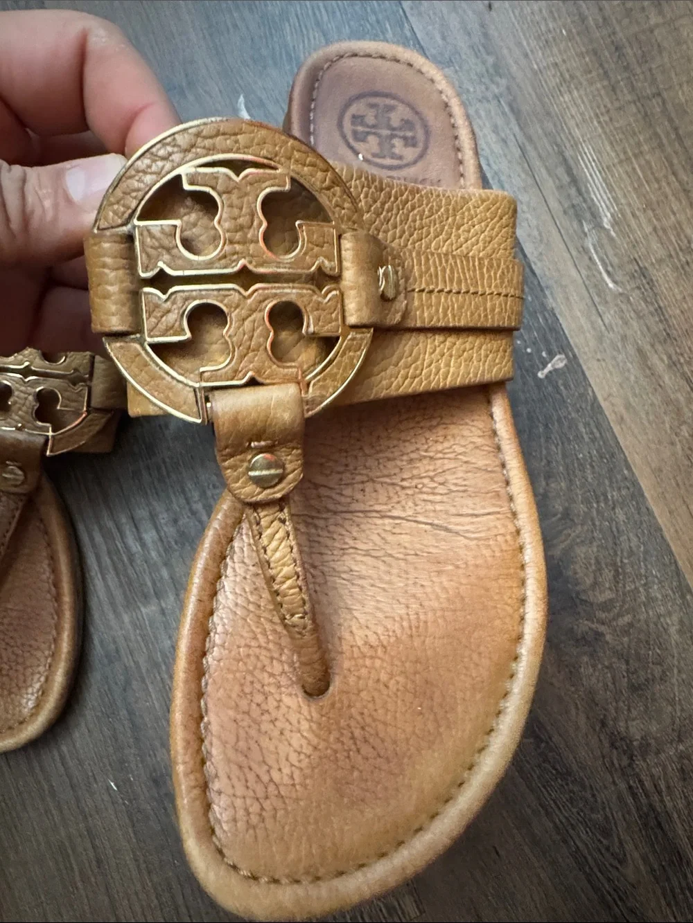 Tory Burch Tan Leather Logo Thong Sandals